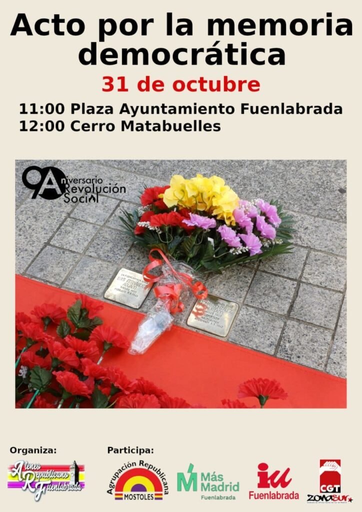 Cartel del acto por la memoria democrática del 31 de octubre en Fuenlabrada: flores y claveles rojos junto a los Ladrillos de la Memoria de Luis Fernández Aguado y Tomás González Hurtado