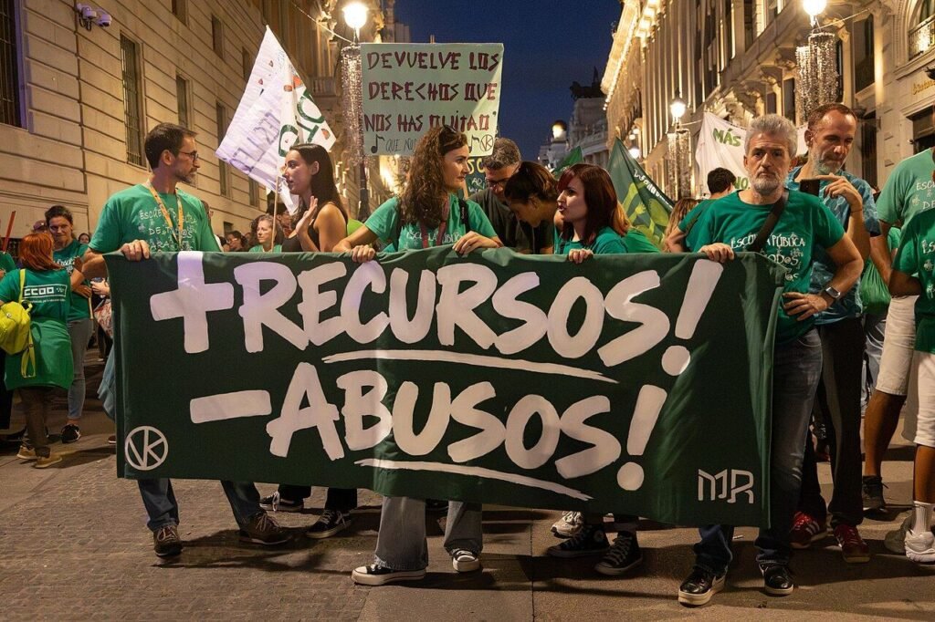 Docentes con camisetas verdes sostienen una pancarta verde con el lema «+Recursos! −Abusos!» en la calle de Alcalá